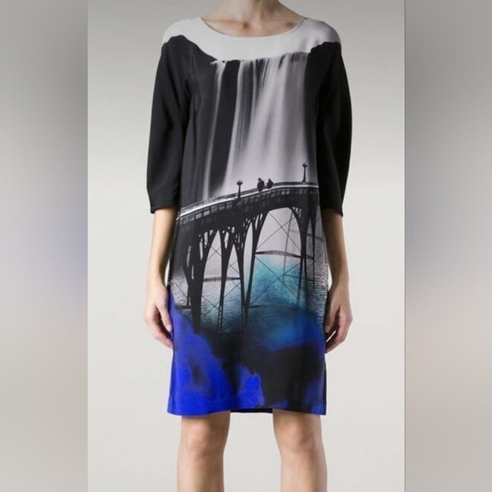 MARY KATRANTZOU Blue Black Elay San Francisco Bridge Jersey Knee Dress